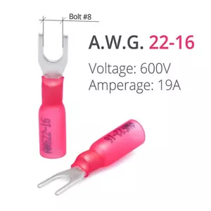 Heat Shrink Fork Connectors #8 Stud Crimp Fork Terminals Red 22-16AWG 300/10X - Picture 1 of 8