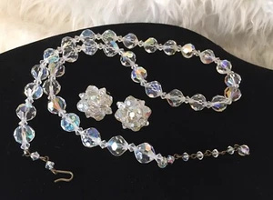 Vgt Estate Find 60's Aurora Borealis Crystal Bead Necklace & Clip Earrings Set - Picture 1 of 18
