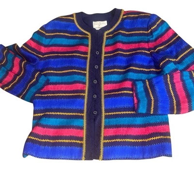 Adrianna Papell Chaqueta Blazer Vintage Seda Azul Rosa Botón a Rayas TALLA 14  Foto 1 de 4