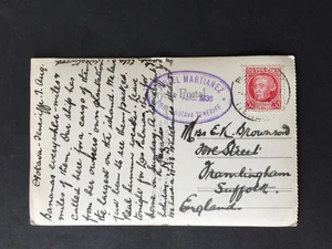 SPANIEN 1936 HOTEL MARTIANEZ TENERIFFA GÜTESIEGEL AUF LOKALER POSTKARTE NACH SUFFOLK - Bild 1 von 2
