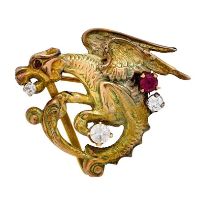 Broche Gryffin Vintage Diamante Rubí Oro Amarillo 10k Foto 1 de 4