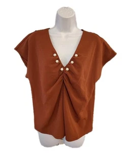 Melloday Blouse Woman's Medium Stretch Gathered Front Brown Pullover Top - Picture 1 of 15