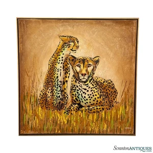 Mid-Century 3ft African Cheetah Signed Oil on Canvas Painting Wall Art - Picture 1 of 12