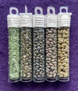 Czech SuperDuo Glass Beads 2.5x5mm Bundle / 5- 14g Tubes Green, Grey & Olive - Picture 1 of 3