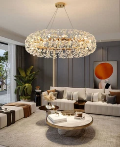 Ceiling Light LED Lights Gold Round Crystal Chandelier Pendant Living Room - Picture 1 of 12