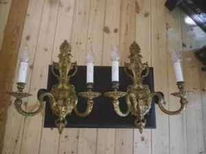 antique large wall lamps pair brass sconces appliques 2 lights - Picture 1 of 10
