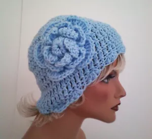 LIGHT SKY-BLUE FLOWER BEANIE CAP HAT HAND CROCHET BERET SKULL CAP CLOCHE - Picture 1 of 7