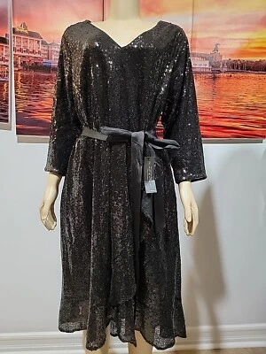 Lane Bryant Sequin Dress Plus Size 2X 18/20 Black VNeck 3/4 Sleeve # 03 - Image 1 of 4