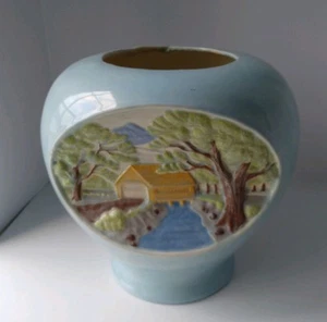 Large Baby Blue Vase With Covered Bridge Stream - Picture 1 of 9