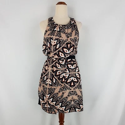 Vestido Wish Mujeres XS 8 Beige Negro Estampado Envolvente Frontal Cinturón Hebilla Cuello Redondo Foto 1 de 4