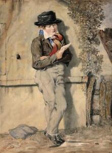 Portrait Of A Young Boy Leaning On Wall - Watercolour Painting - 19th Century