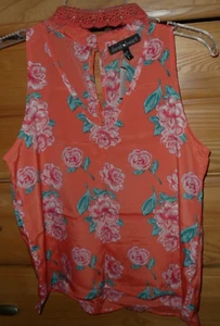 DEREK HEART BLOUSE SIZE M JUNIOR ORANGE FLORAL LACE SILKY FEEL LIGHTWEIGHT NWT - Picture 1 of 2