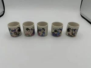 5 Vintage Authentic Japanese Saki Cups Porcelain Geisha Girls with Original Box - Picture 1 of 10