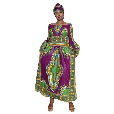 African Women's Dashiki Long Sleeve Maxi Dress with Smocking -- FI-5007FS - Image 1 of 4