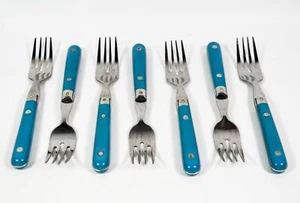 Set of 7 Life Time Salad Forks with Aqua Blue Riveted Handle Stainless Thailand - Picture 1 of 3