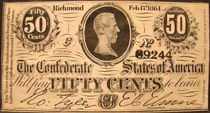 BILLETE DE $.50 CENTAVOS SERIE 1864 ESTADOS CONFEDERADOS DE AMÉRICA SIN CIRCULAR T-72 - Imagen 1 de 2