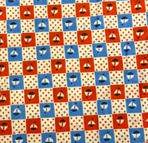 VTG Novelty Tiny Blue & Red Sailboats in Squares & Red Dots on White BTFQ - Picture 1 of 5