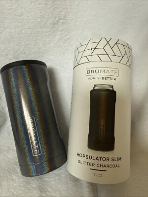BrüMate Hopsulator Slim Can Cooler ~ CARVÃO GLITTER~12 oz Slim Cans~Novo Na Caixa - Imagem 1 de 4