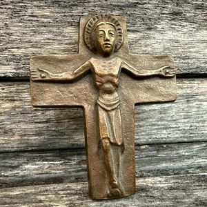 VTG Solid Bronze Mid-Century Modern Religious Art Crucifix Cross Wall Hanging - Picture 1 of 6