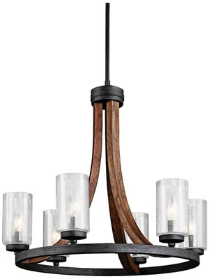 Lámpara de araña Kichler Grand Bank de 25" de ancho de metal y madera Foto 1 de 2