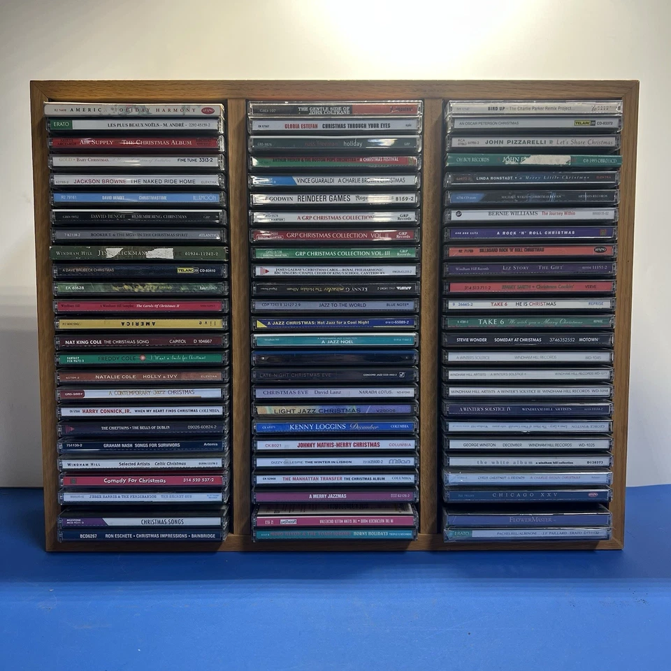 Lot of 75 Christmas Music CDs with Wooden Display Rack – Holiday Collection - Image 1 of 4