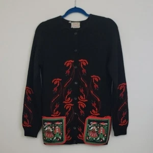 Maglione cardigan vintage scandinavo lana vergine unico nero, rosso e verde 8 - Foto 1 di 16