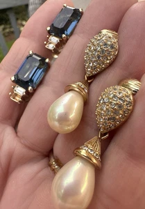 Christian Dior Signed Teardrop Pearl Blue Clip On Gold Tone Earrings LOT 2 VTG - Picture 1 of 13