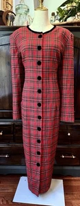 Sz 16 Vintage 80s Red plaid midi dress velvet collar tie back Holiday Pencil - Picture 1 of 13