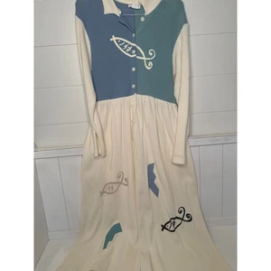 MINZO NY Full Button Down Fish Art Color Block Dress LARGE 100% Cotton USA Made - Picture 1 of 3