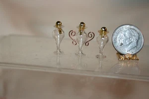 Miniature Dollhouse 3 Decorative Handblown Glass Bottles 1 w Metal Scroll Handle - Imagen 1 de 6