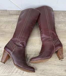 Vintage 70's Burgundy Leather Cone Heel Knee High Boots Thom McAn Women's size 7 - Picture 1 of 23