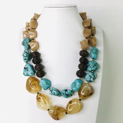 Gargantilla Collar Piedras Cuentas Naturales Howlita Marrón Turquesa CHICO'S 2 Soportes Foto 1 de 4