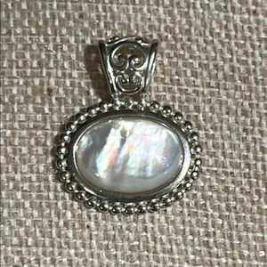 Sterling Silver Mother of Pearl Cabochon Oval Beaded Filigree Pendant NV Nevada - Picture 1 of 10