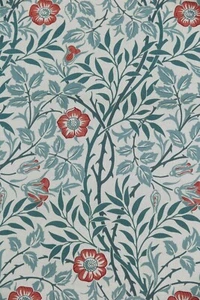 WILLIAM MORRIS CURTAIN FABRIC Sweet Briar 2.6 METRES GREEN & CORAL 100% COTTON - Picture 1 of 6