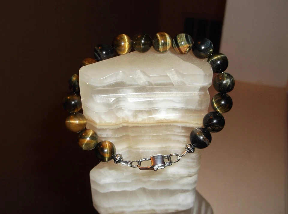 PULSERA HOMBRE HECHA A MANO 8 1/2" 10 MM AZUL/AMARILLO OJO DE TIGRE CUENTAS  Foto 1 de 1