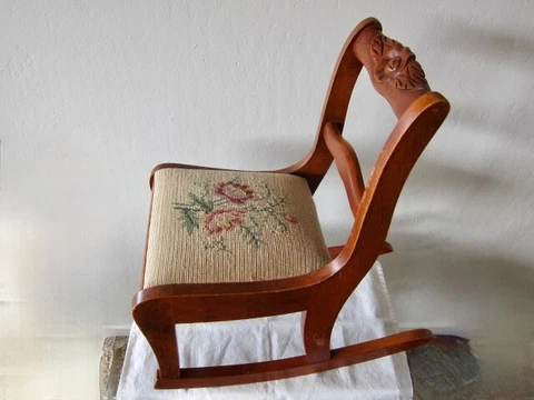 Vintage Child's Rocking Chair with Tapestry Seat and Carved Back Cover