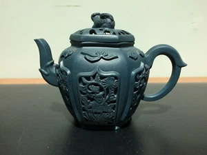 Yixing Blue Clay Hexagon Teapot Carved Side Lotus Scholar Panels Chipmunk Finial - Picture 1 of 9