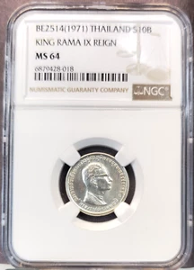1971 THAILAND SILVER 10 BAHT KING RAMA IX REIGN NGC MS 64 BRIGHT BU BEAUTY - Picture 1 of 3