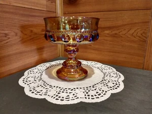 INDIANA GLASS KING'S CROWN THUMB PRINT PEDESTAL STYLE CARNIVAL GLASS CANDY DISH - Picture 1 of 12