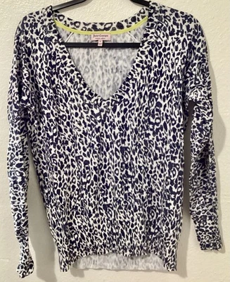 Top Juicy Couture Azul Estampado Leopardo Manga Larga Cuello en V 100% Algodón Tejido Talla M Foto 1 de 4