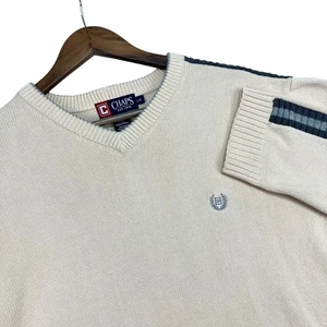 Vintage 00s Chaps Pullover V-Neck Knit Sweater Striped Cotton Blend Size L - Picture 1 of 7