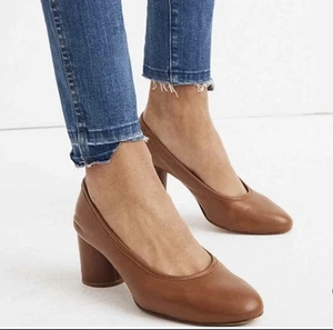 Madewell The Reid Pump Cognac Leather Round Block Heel Size 9 Comfort Pumps - Picture 1 of 6