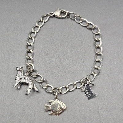 Brazalete de plata esterlina de colección 7" perro, pez, #1 dije de diamantes firmado RUC Foto 1 de 4
