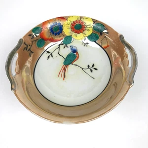 Vintage Japan Nippon orange Glanzgeschirr handbemalt Henkel Teller Vogel Blumen - Bild 1 von 11