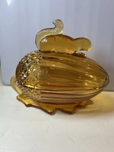 Vintage LE Smith Eichhörnchen auf Eichel mit Deckel bedeckt Schale Schüssel Bernstein Schmuck Schale - Bild 1 von 15
