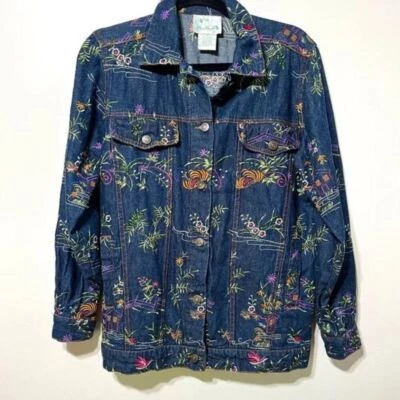 QUACKER FACTORY Beaded Denim Jean Jacket Asian Floral Embroidered Sz Small - Image 1 of 4