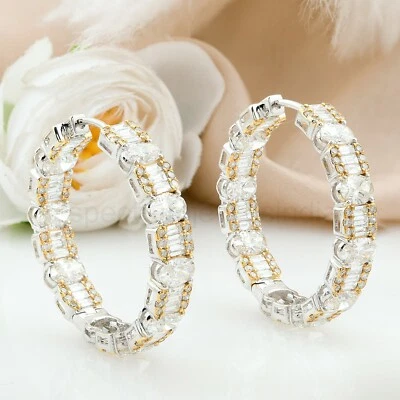 Pendientes tipo argolla de diamantes baguette H/SI de 9,67 quilates de oro macizo de dos tonos blanco/amarillo de 14 k Foto 1 de 4