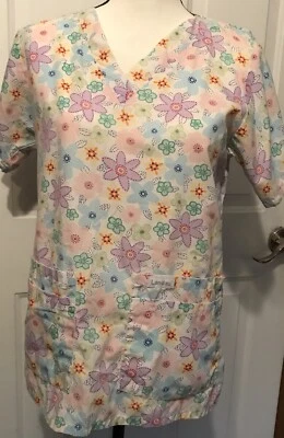 LANDAU S/S SCRUB TOP WHITE WITH PURPLE BLUE FLOWERS SZ S - Image 1 of 4