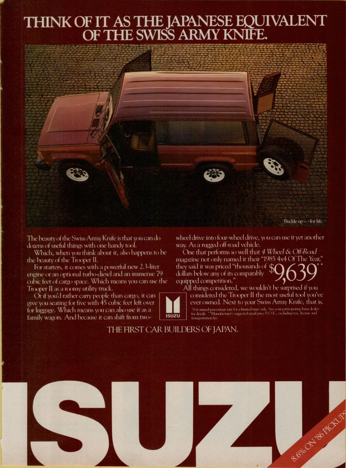 Navaja suiza Isuzu Trooper II 1986 roja japonesa 4x4 del año anuncio impreso vintage Foto 1 de 1