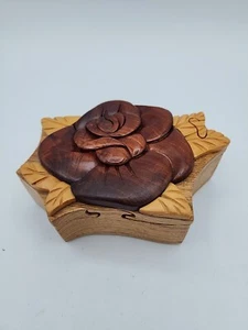Vintage Rose Handarbeit geschnitzt Holz Puzzle Box Intarsien Holz Schmuck Schmuckschatulle - Bild 1 von 10